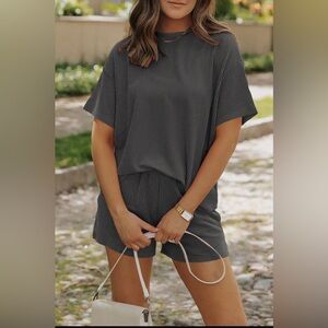 NWT Charcoal Grey Ribbed Two Piece Shirt Short Set